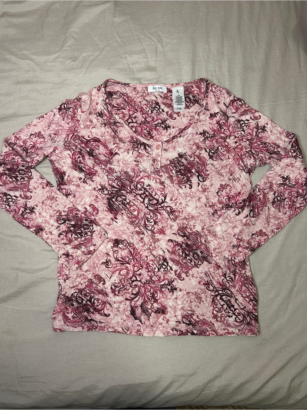 Liz & Co. Pink Floral Long-Sleeve Henley Top